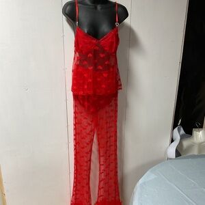 Red Sheer Heart-Print Loungewear Set